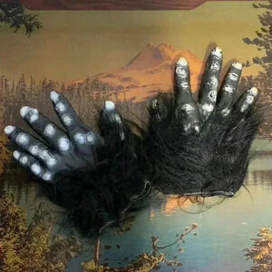 Vintage Monster Hands Gloves Black Faux Fur Rubber Latex Halloween Costume 90s